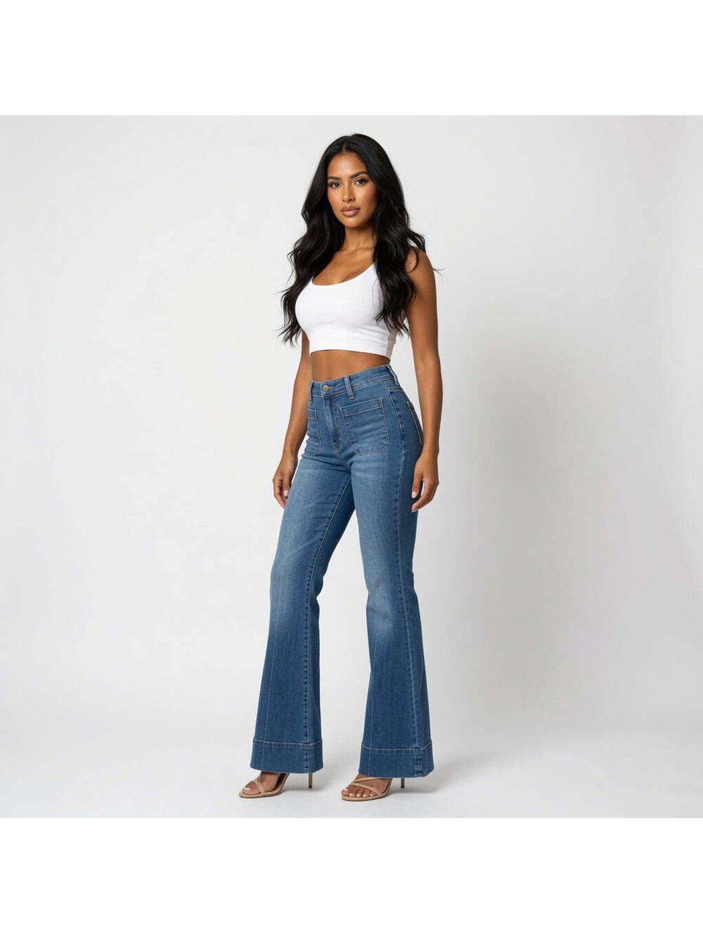 Free People We The Free High-Rise Patch Pocket Flare Jeans – Medium Wash Denim